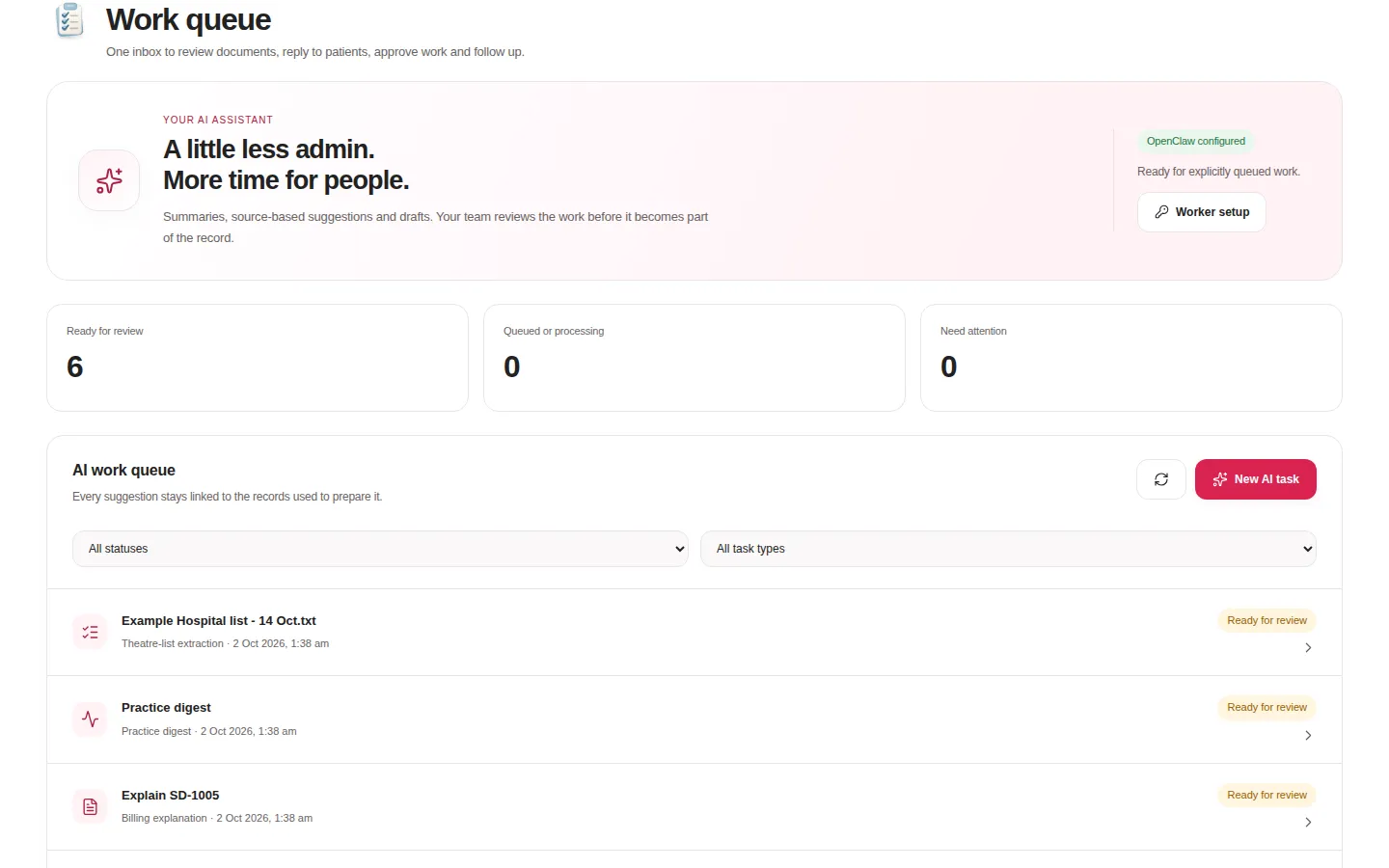 The AI work queue with suggestions ready for review
