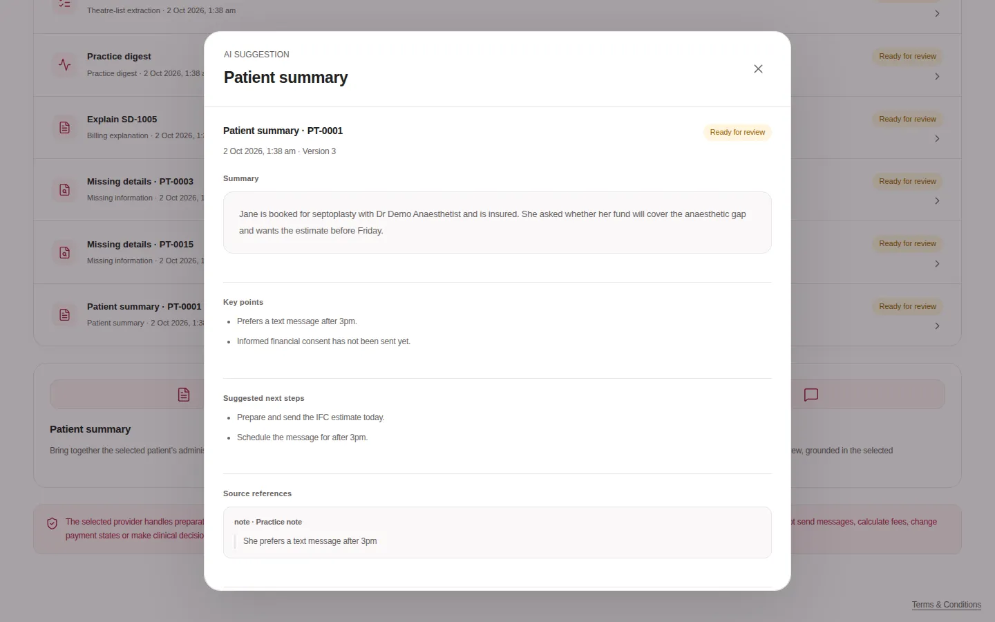 An AI patient summary with key points, next steps and source references