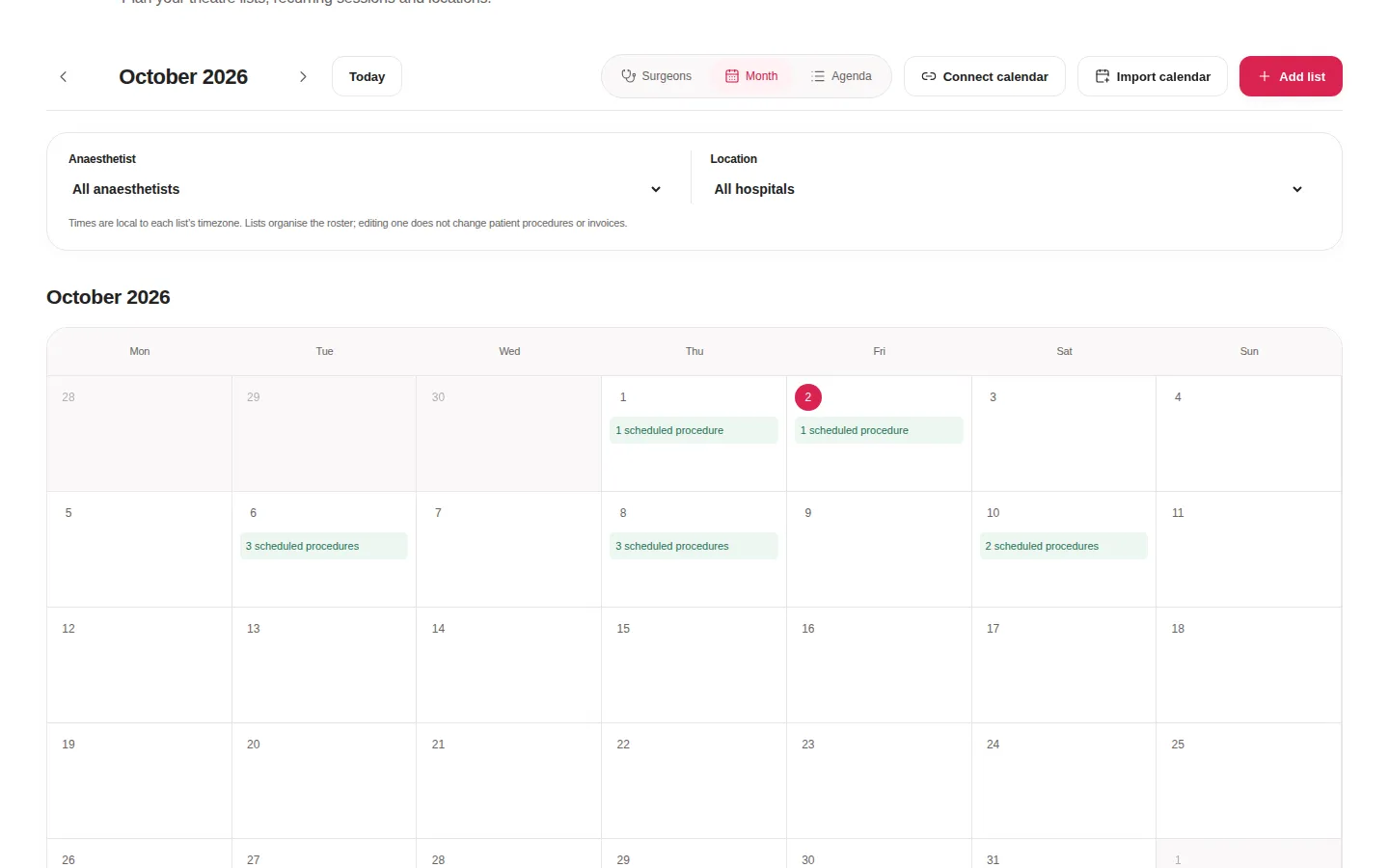 The theatre list calendar for October