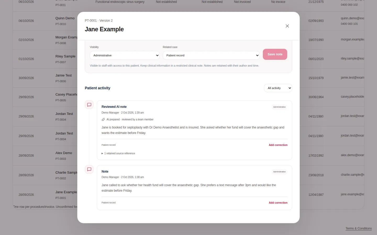 A patient timeline showing a reviewed AI note and a staff note