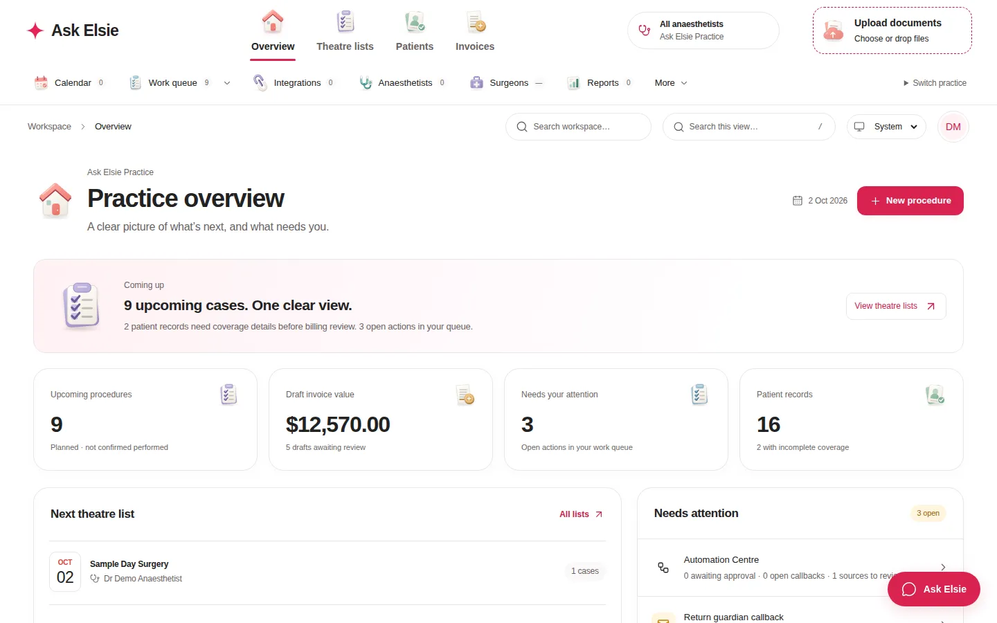 The practice overview with upcoming cases and open actions
